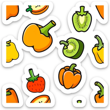 Various vitamin C rich foods: orange, kiwi, strawberry, bell pepper sticker
