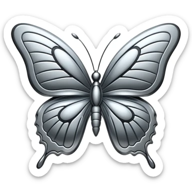 Liquid metal butterfly emoji, silver chrome material, iOS emoji style, smooth curves, reflective surface, elegant and minimal, white background sticker