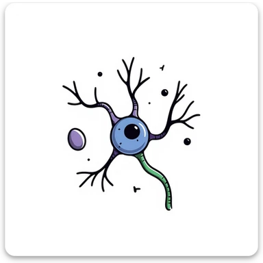 scientific doodle of a neuron with blue soma, branching purple dendrites, green axon with myelin, all encircled by a luminous protective barrier, hand-drawn, detailed, with shield motif sticker