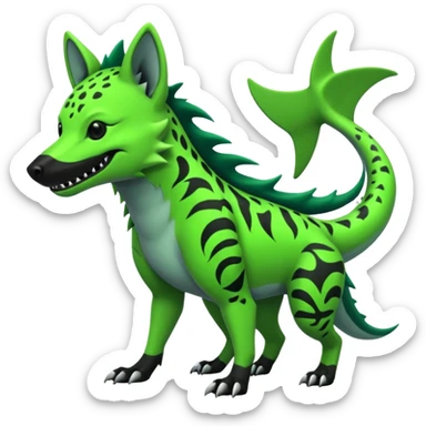 Edgy cool badass Neon-green landhai-sergal-hyena, with a shark tail, with black and dark-green swirly patterns markings sticker