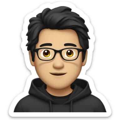 Asian Guy with long black hair and square glasses and black hoodie sticker