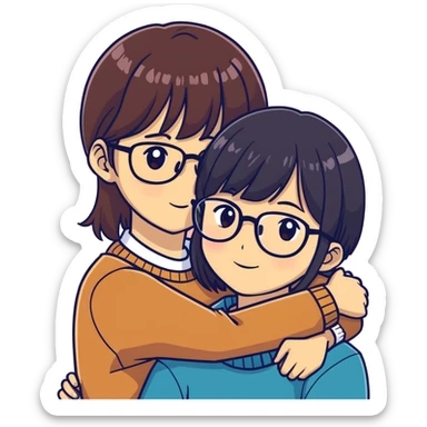 A very sweet Asian brunette girl with bangs,  dark medium hair and glasses and a brunette man with big hazel eyes, protruding ears, a stubble beard and a sharp jaw are hugging. sticker