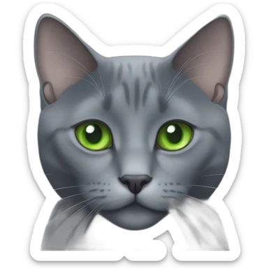 round faced grey russian blue cat with green eyes with big pupils and chonk sticker