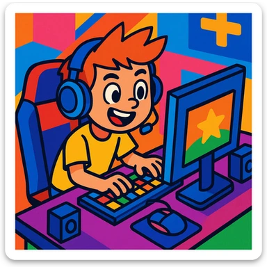 a young boy with a gaming setup, colorful and energetic, vibrant, playful, fun, modern sticker