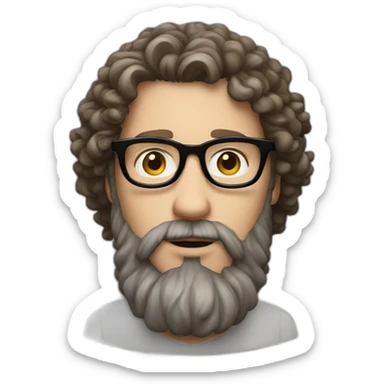 white man with curly brown hair, long beard and black rimmed glasses sticker