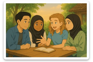 Four students in Ghibli style, working together on a project, smiling, warm atmosphere, collaboration and mutual support, bright and natural background. sticker