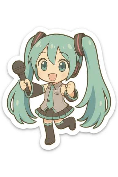 Hatsune Miku in chibi style with oversized turquoise hair, cute pose, holding a microphone instead of a leek, same chibi stickers style, no background sticker