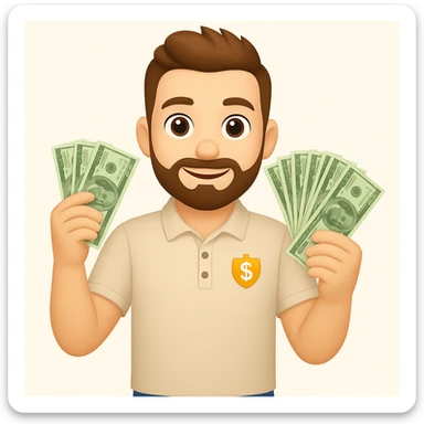 Peau un peu plus claire et cheveux relevés sur l'homme barbu châtain en polo avec des liasses de billets, make it emoji style sticker