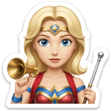 Blonde blue eyed Wonder Woman holding white orchestra conductor’s baton and bell  sticker