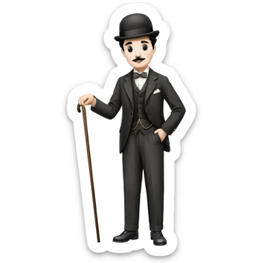 Charlie Chaplin with bowler hat, small mustache, suit, cane, and classic pose sticker