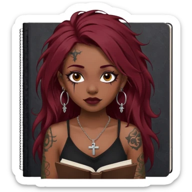generate an ios genmoji of a dusky girl with long dark red messy hair with eyeliner on her eyes. septum piercing, wearing a cami black top, has tattoos, on shoulders. ear piercings. wearing a cross silver necklace. carrying a lot of sketchbooks sticker