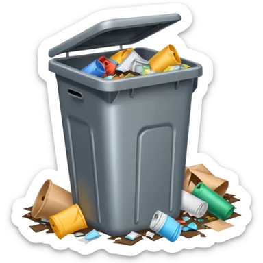 overflowing trash bin with litter around sticker