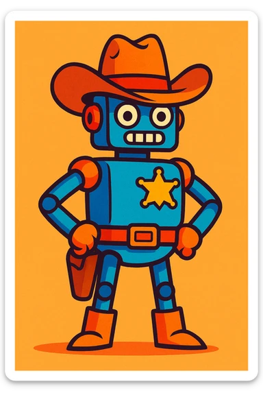 robot dressed as a sheriff, with a cowboy hat and sheriff badge, standing confidently, cartoon style, vibrant colors sticker
