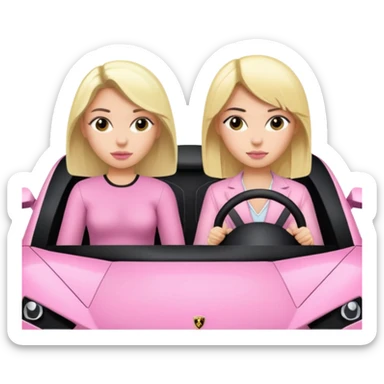 Make car far away so I can see full car Car facing forward in sports car. Make hair long  One girl is blonde, one girl is black hair . Front of car sitting in the seats. Make it a pink sports car. They are two baddies make it a Lamborghini pink car  sticker