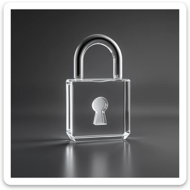 Photo of a 3d made of glass padlock, black void around symmetrical 3d render, rim light sticker