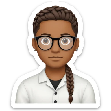 joven moreno con trenza pegada, bluao por los lados, arete y lentes negros, cabeza media redonda sticker