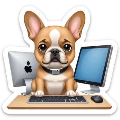 Fawn Frenchie with black muzzle working behind computer sticker