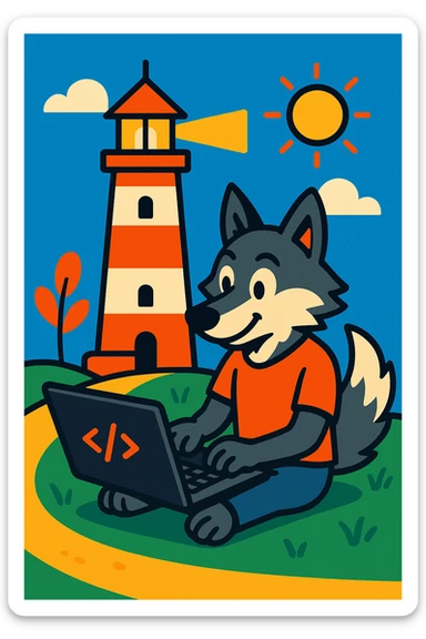 a wolf coding a lighthouse, vibrant cartoon style sticker