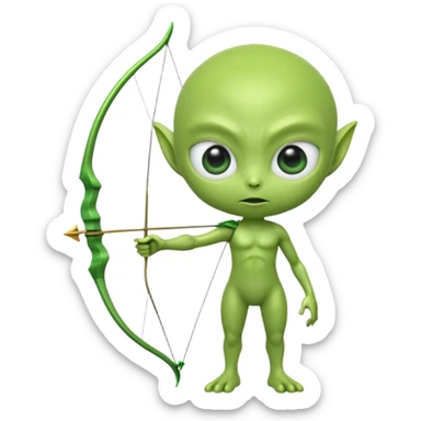 3D emoji-style green alien holding a bow and arrow, glossy texture, smooth skin, large expressive eyes, small humanoid body, minimalist background, soft lighting, Pixar-style rendering, high detail, cute but slightly serious expression, clean centered composition sticker