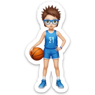 Full Body white Girl with basketball spikey short brown hair  wearing blue glasses with green eyes sticker