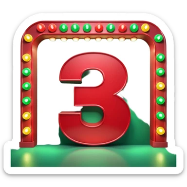 A 3D number 3 in a movie theater setting, shiny red surface; bright string lights on the number, the border is green with tiny string lights like stroke ; cinematic glow with subtle haze; glossy, premium Hollywood countdown look; centered composition. sticker