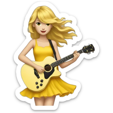 Taylor swift with a yellow dress and hair in the wind playing guitar sticker