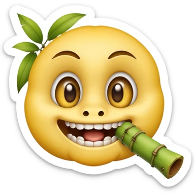 classic yellow emoji face with large eyes biting firmly on bamboo muzzle, teeth visible sticker