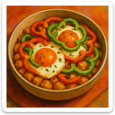 Add sliced bell peppers on top of the eggs and potatoes in the bowl, maintaining the food illustration style as in the reference image. sticker