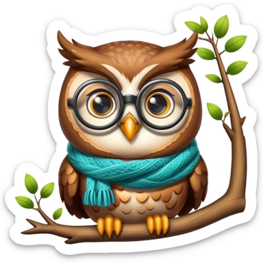 A cute owl with big round glasses sitting on a tree branch. She has a cozy scarf sticker