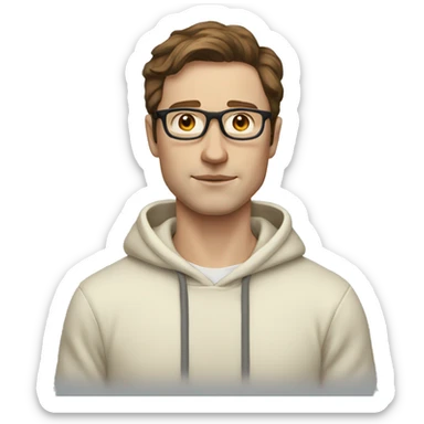 Man with brown hair and glasses wearing a cream hoodie, with a pale skin sticker