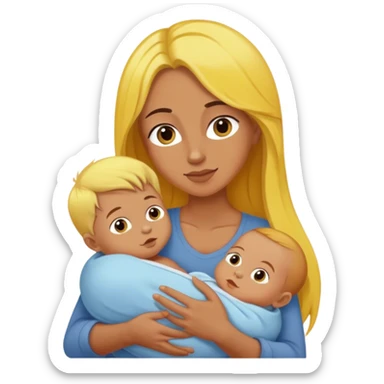 mom with long brown hair holding boy baby with yellow hair sticker