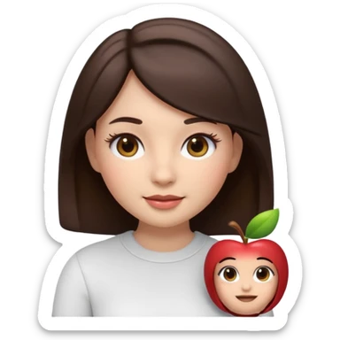 3D emoji sticker of a cute girl, Apple Memoji style, dark brown hair, brown eyes, long eyelash extensions, soft facial features, clean white background, smooth lighting, high quality, cute and friendly expression sticker
