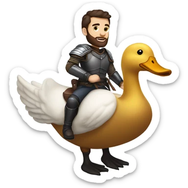 Confident armored White Man with dark brown hair and a short beard riding on the back of a giant duck sticker