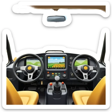 a view from the tractor cabin, with the dashboard in focus, overlooking a vibrant rural landscape. Inspired by Farming Simulator 22, the scene includes fields, crops, and distant barns under a bright sky. The design highlights the immersive experience of farm management. transparent background sticker