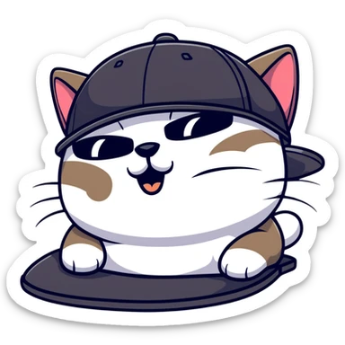 close-up of cat's face with one eye completely closed in an obvious wink, other eye open, wearing black snapback cap, black sunglasses positioned low on nose so cat is peeking over them, mischievous expression sticker