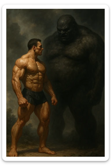 realistic scene of a muscular bodybuilder facing a menacing figure representing body fat as his enemy, dramatic atmosphere, natural details, 2:3 aspect ratio sticker