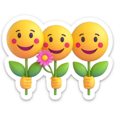 3D smiley emoji, round shape, in love, boy and girl smileys side by side, flower in boy's hand, no body sticker