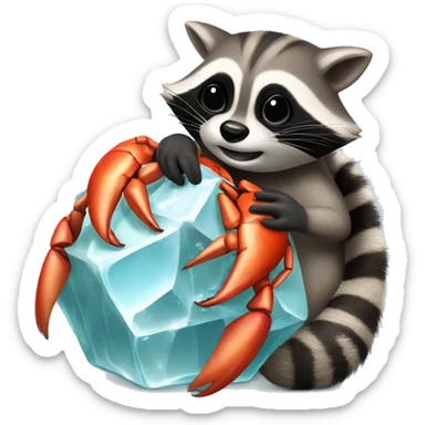 a raccoon hugs an ice cube which a crab inside sticker