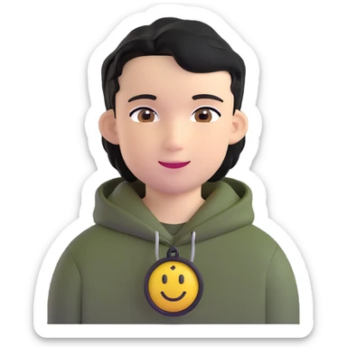 boy with military cut black hair, brown eyes, wearing 2 circle earrings and a black hoodie with a smiley face sticker
