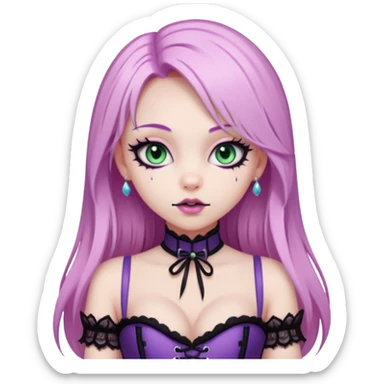 pretty scary girl, long straight LIGHT pink HAIR, jade kitten eyes, black eyeliner, pale skin, purple corset clothes with laces sticker