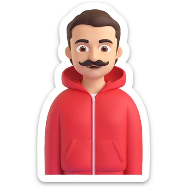 Recep İvedik, comedic Turkish character with bushy mustache, thick eyebrows, red tracksuit, expressive face, 3D emoji style sticker