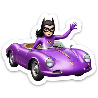 BatGirl driving her satin-black and rose gold 1955 Porsche 550 Spyder too fast in the country, despite the rainy conditions making the tires slippery, sliding sideways with her black hair fluttering in the wind (purple shiny latex catsuit, black car)  sticker