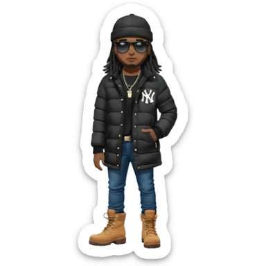 African American man brown skin complexion with black dreadlocks shoulder length wearing black bubble winter coat wearing black sunglasses with denim skinny jeans and timberland boots  wearing new york Yankees baseball cap sticker