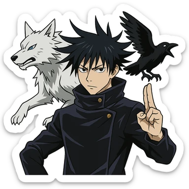 Megumi Fushiguro from Jujutsu Kaisen, spiky black hair, serious look, summoning shikigami, anime style sticker