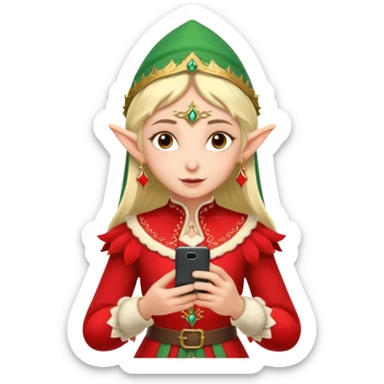 elf with russia custome dress and smartphone, red sticker