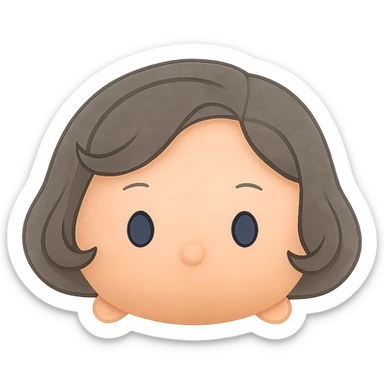Remove the white border, keep plush tsum tsum style with blue eyes, grey 1940s bob hair, no body, no mouth, and no background. Preserve the plush tsum tsum look and isolate the subject with transparent background. sticker