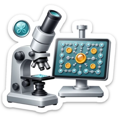 An icon featuring two-ocular electron microscope, a metal alloy, atomic structure symbols, a crystal structure. The design includes different materials like metals, ceramics and polymers, alongside a stamp representing testing and quality control. Transparent background sticker