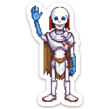 pixel art of Papyrus from Undertale, grinning, standing with one hand raised, minimal background sticker