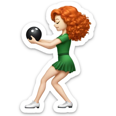 Irish, red-headed, female dancer bowling, in a standing, slightly bent over stance holding a bowling ball appropriate in size to their size sticker