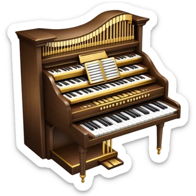 Create an elegant and majestic emoji representing a classical organ. The design should feature the grand pipes of the organ in the background, with visible details of the keys and pedalboard in the foreground. The pipes should be tall and impressive, with a mixture of gold, silver, and metallic shades to emphasize the grandeur of the instrument. The keyboard and pedals should be well-defined, capturing the intricate craftsmanship of the organ. Use dark wood tones and gold accents for the body of the instrument to give it a rich, historic feel. Add subtle musical notes around the organ to evoke its deep, resonant sound. The background should be transparent. sticker